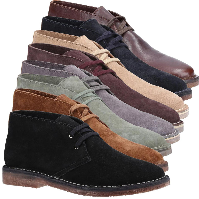 Hush Puppies Samuel Mens Desert Chukka Leather Comfort Ankle Boots, set of multiple colored leather ankle boots arranged in a row.