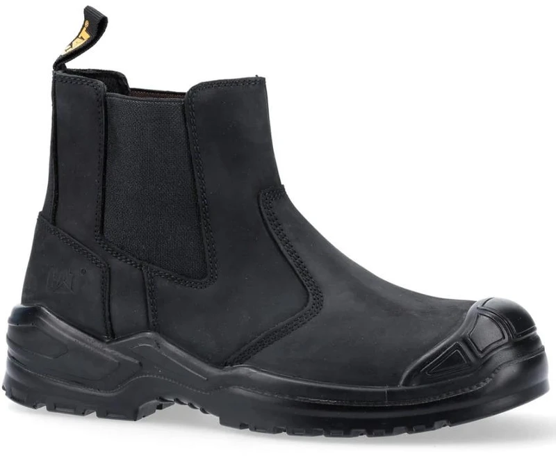 Caterpillar Striver Scuff Mens Steel Toe Safety Pull On Dealer Boots, black steel toe work boots with slip-on design and rugged outsole for industrial safety.