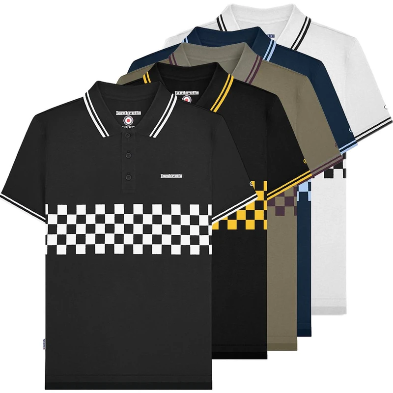 Lambretta Mens Classic Retro 2 Tone Mod Ska Casual Polo Shirt, multiple color options with checkered and stripe detailing on collar and sleeves.