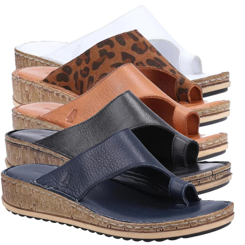 Hush Puppies Elissa Womens Wedge Heeled Slip On Toe Post Sandals, multi-color wedge sandals with slip-on design and textured straps in white, animal print, tan, black, and navy blue.
