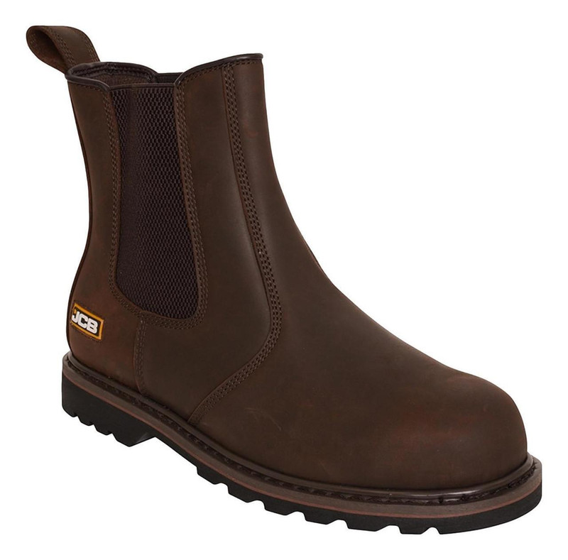JCB Farley Men's Dealer Work Safety Steel Toe Midsole Ankle Boots, brown durable leather construction with elastic side panels and a pull-tab for easy wear, featuring reinforced toe area and rugged slip-resistant sole for industrial safety.