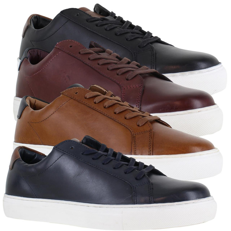 Thomas Crick Evers Mens Casual Lace Up Smart Leather Cupsole Trainers, collection of stylish leather sneakers in black, burgundy, tan, and navy, with white soles.