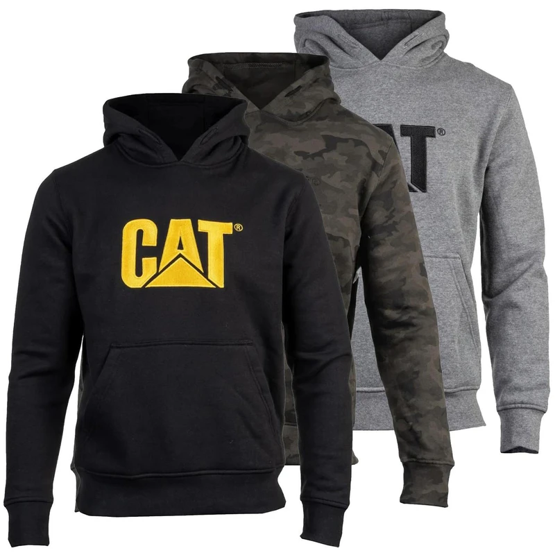 Caterpillar Trademark Mens Work Pull Over Sweat Shirt Hoodie, three hooded sweatshirts in black, camouflage, and gray with the Caterpillar logo displayed on the front.