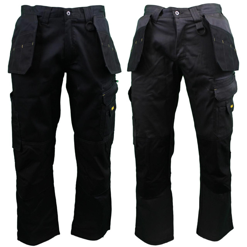 DeWalt Mens Low Rise PolyCotton Multi-Pocket Work Trousers Waist 36" - 33" Leg, black work pants with multiple pockets, durable fabric, tool compartments, suitable for construction or tradesmen.