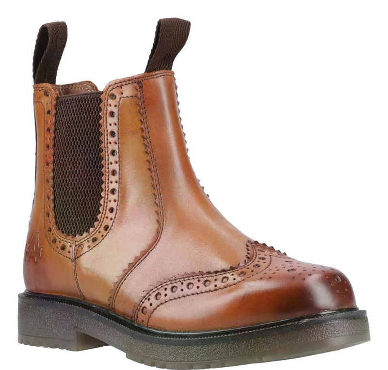 Amblers Dalby Mens Pull On Leather Brogue Dealer Ankle Boots, brown leather slip-on ankle boots with brogue detailing and elastic side panels.