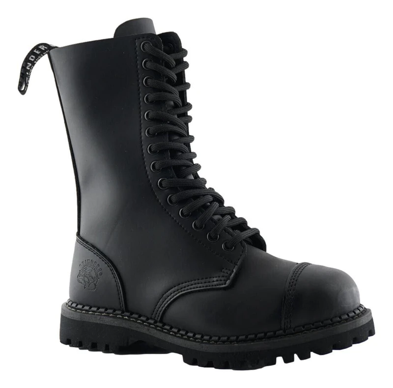 Grinders Herald CS Mens Classic 14 Eyelet Goodyear Steel Toe Boots, black leather combat boot with lace-up design and rugged sole.
