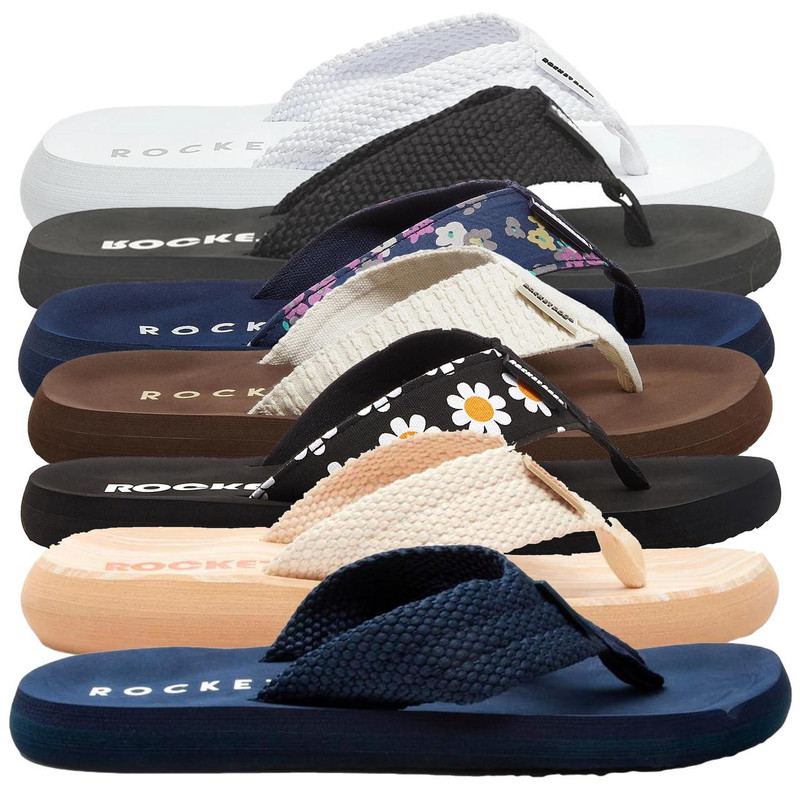 Rocket Dog Adios Womens Casual Flip Flop Toe Post Sandals, a collection of colorful flip flops with floral, textured, and solid designs arranged in a row.