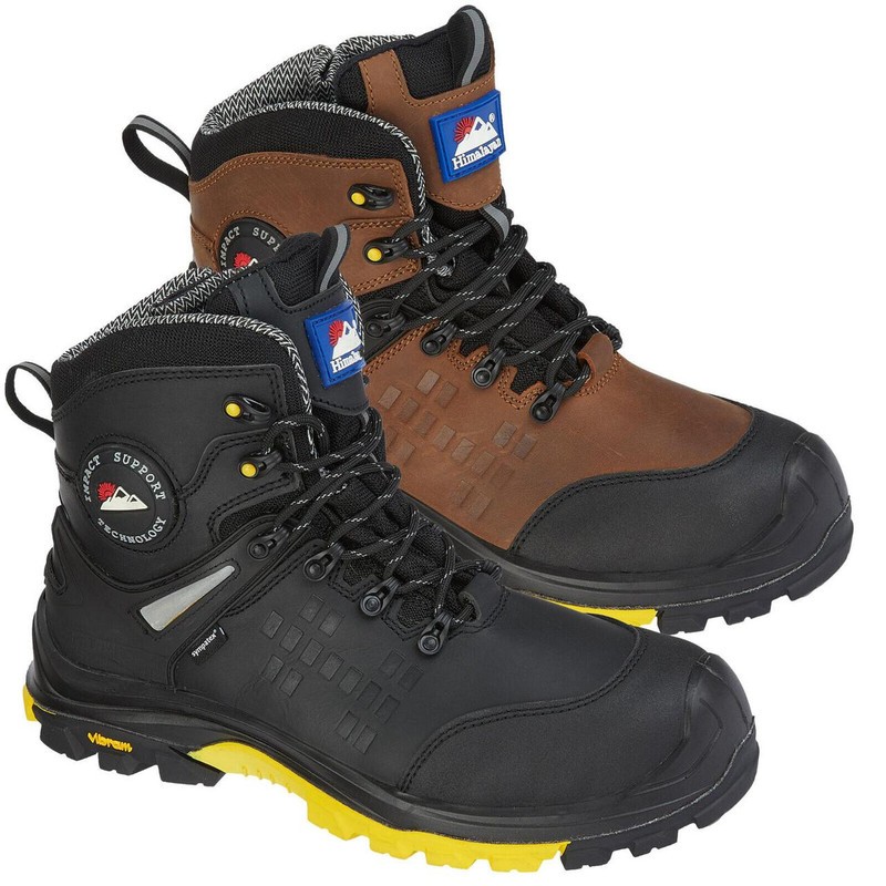 Himalayan Mens 6" Vibram Side-Zip Safety Non-Metallic Ankle Boots, pair of sturdy black and brown safety boots with side zippers, Vibram soles, and reinforced toe protection.
