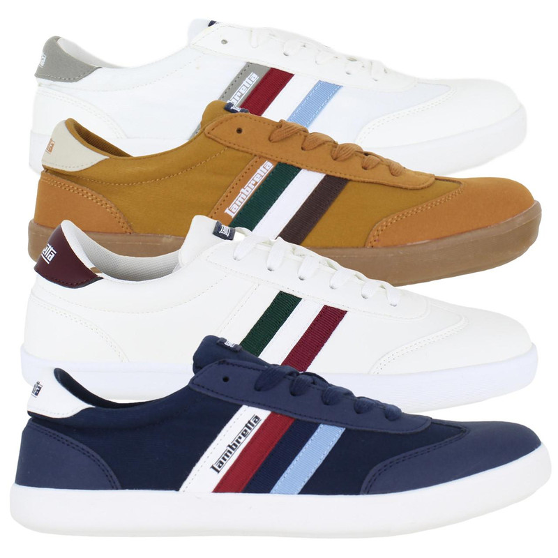 Lambretta Vulkan Mens Casual Smart Lace Up Canvas Pump Trainers, set of four casual sneakers in white, brown, navy blue, and cream colors with striped design.