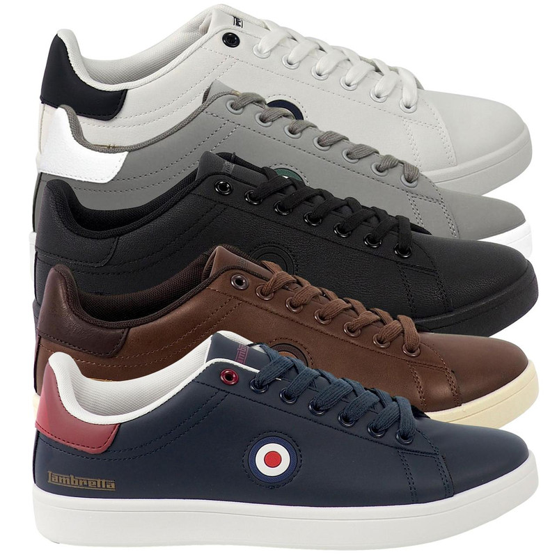 Lambretta Pinball 2 Mens Casual Smart Lace Up Memory Foam Trainers, featuring multiple color options including white, gray, black, brown, and navy with stylish designs and comfortable soles.