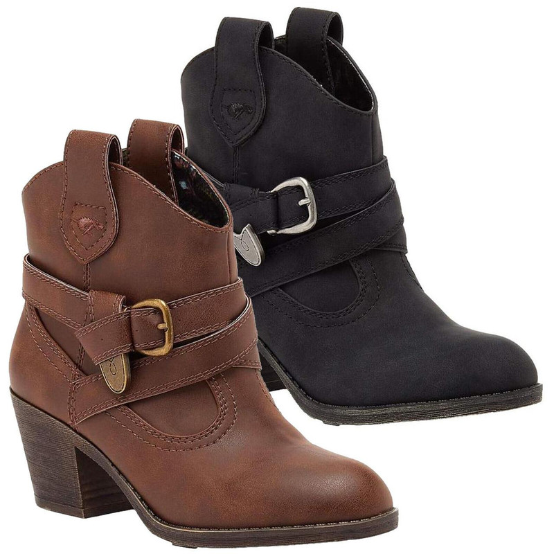 Rocket Dog Satire Women's Classic Cowboy Pull-On Western Boots, two pairs of stylish ankle boots with buckle details in brown and black leather.