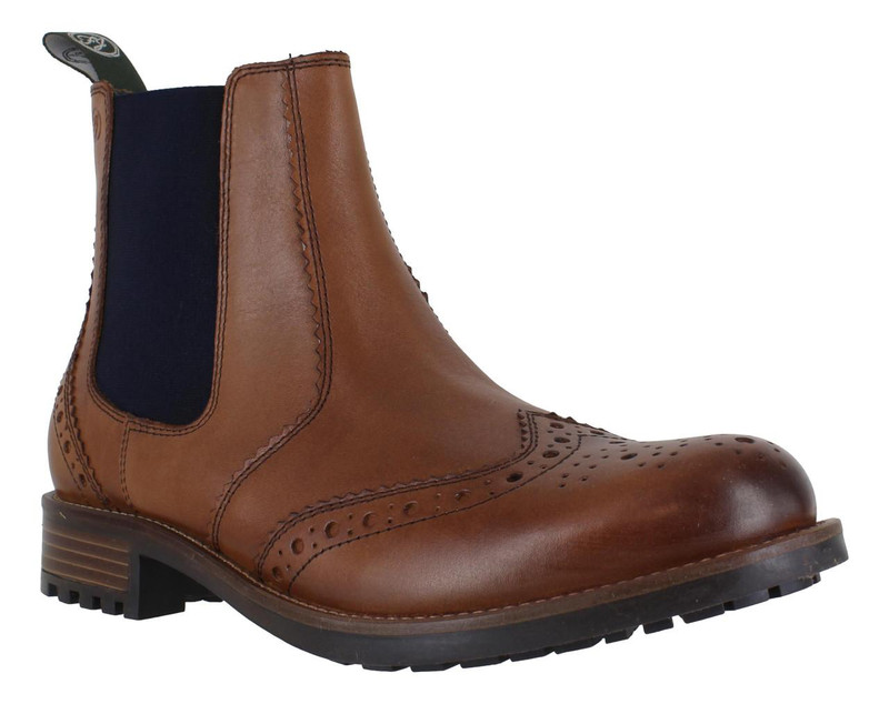 Frank James Fulham Men's Pull On Dealer Chelsea Brogue Leather Ankle Boots, Brown leather ankle boots with brogue detailing and elastic side panels.