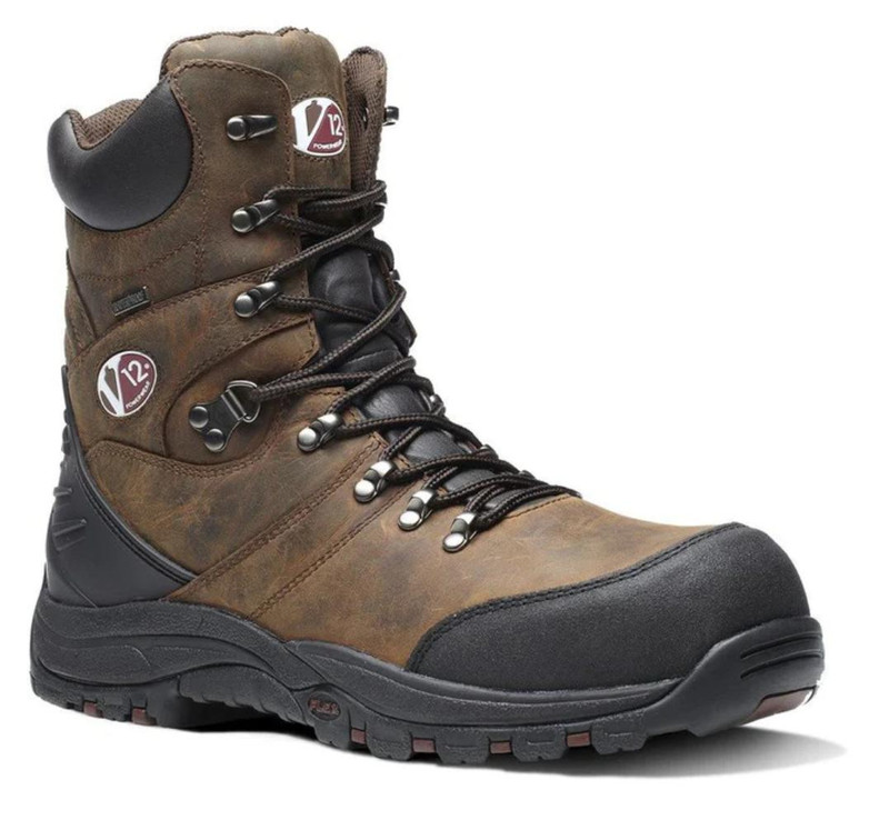V1255 Rocky Mens Side Zip S3 Composite Toe Midsole Work Boots, brown leather work boots with black toe cap, side zipper, lace-up design, rugged outsole, and safety features.
