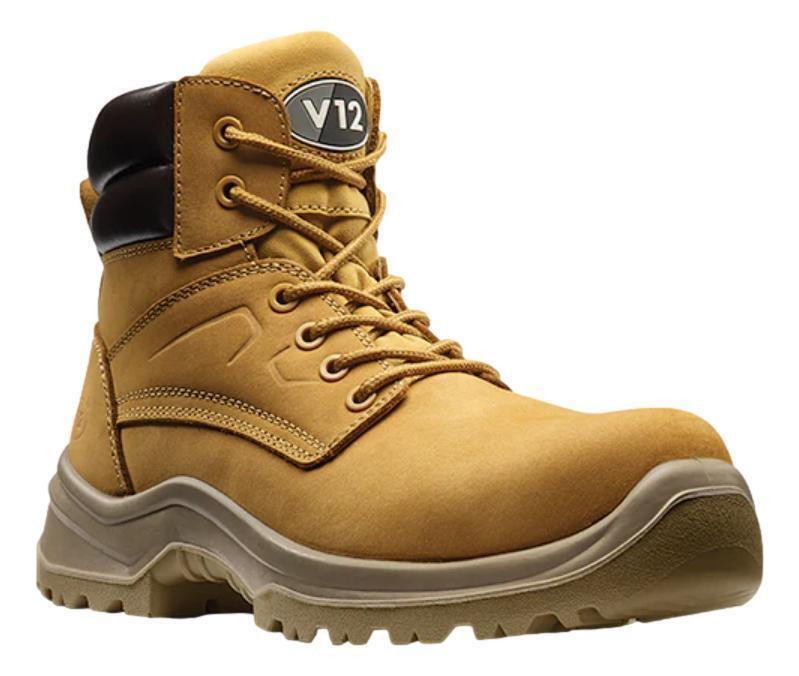 V12 Bobcat Mens Safety Work Composite Toe Midsole S3 Ankle Boots, yellow work boots with black heel support and rugged sole.
