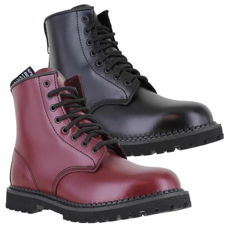 Grinders Cedric CS Mens Classic Mid Ankle Derby Boots, pair of stylish black and burgundy leather ankle boots with laces and rugged soles.