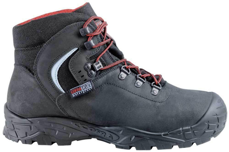Cofra Summit Mens Steel Toe Midsole Safety Work Boots, black and red outdoor footwear with reinforced toe, midsole protection, and durable sole for industrial safety.