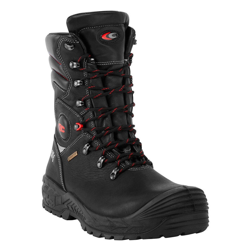 Cofra Brimir Mens Gore-Tex Composite Toe Midsole Safety Work Boots, black leather boots with red and black laces, steel toe cap, and rugged non-slip sole designed for safety and durability in work environments.