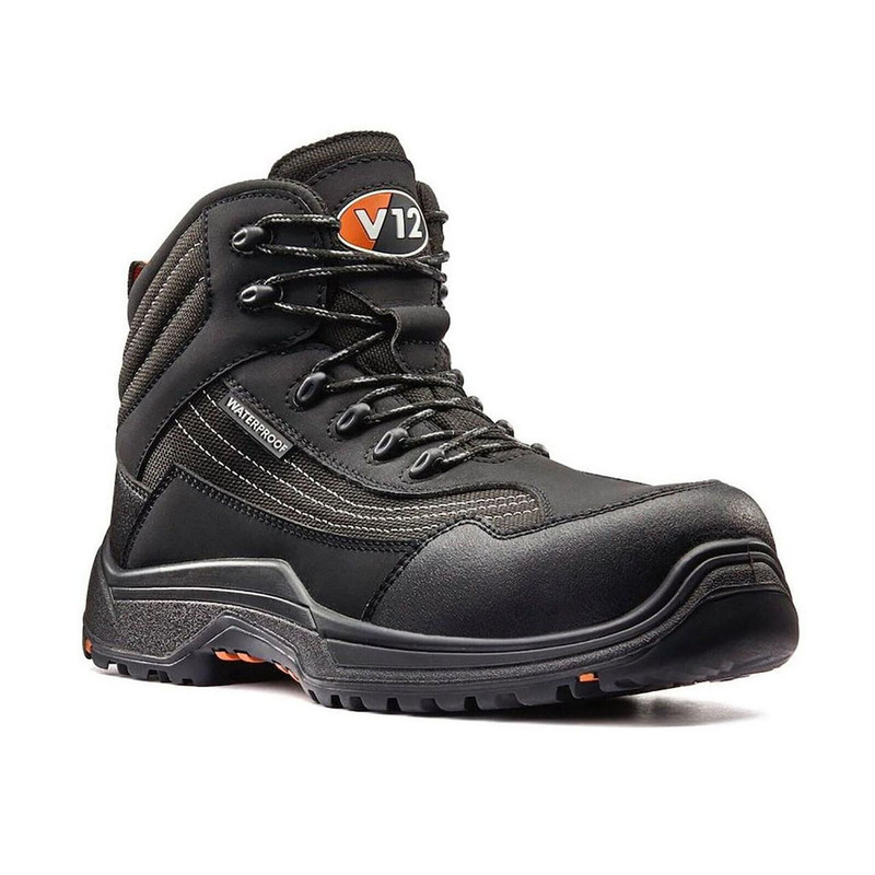 V12 Caiman Mens Safety Work Composite Toe S3 Vegan Ankle Boots, black industrial safety boots with waterproof features and durable construction.