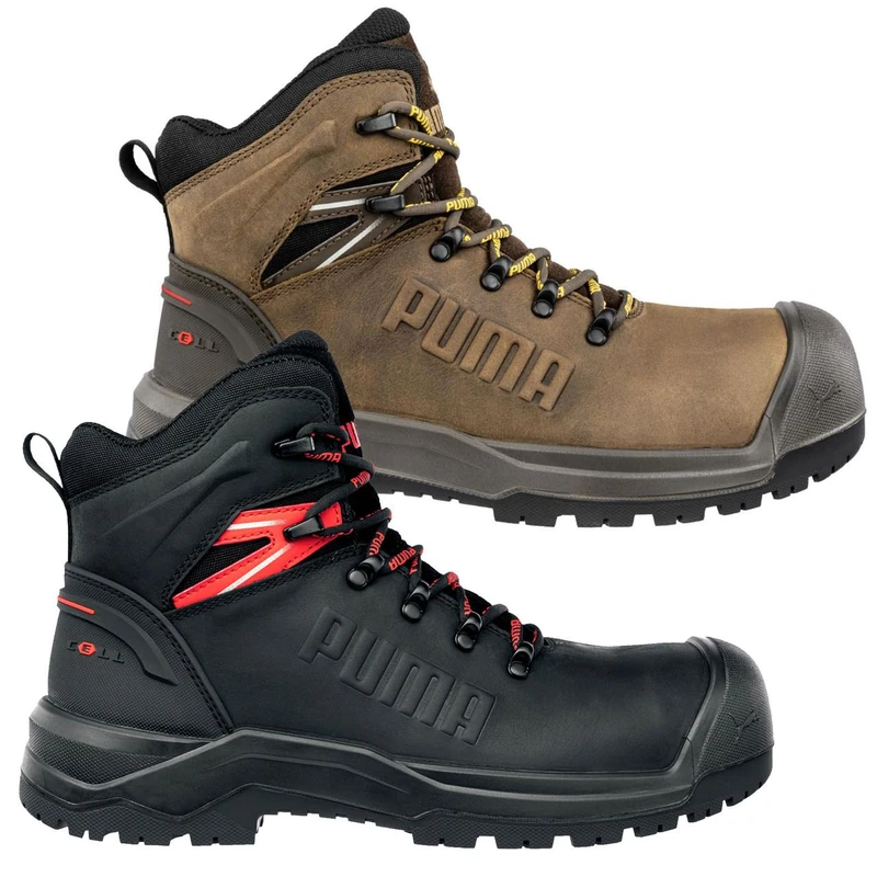 PUMA Safety PUMA Iron HD MID Mens Composite Toe Midsole S3 Work Safety Boots, pair of rugged men's work safety boots in black and brown with durable construction and safety features.