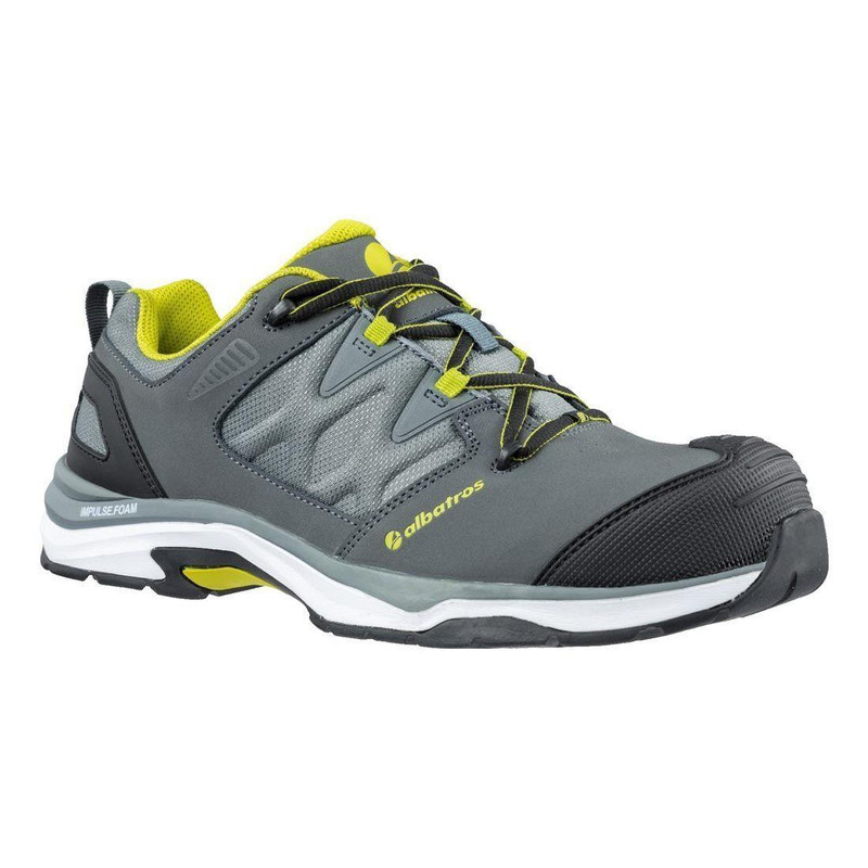 Albatros Ultratrail Low Mens Composite Toe Midsole S3 Work Trainers, grey and yellow safety work shoes with durable sole and reinforced toe cap.