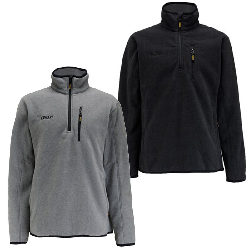 DeWalt 1/4 Mid Layer Work Warm Hooded Fleece Jumper, two fleece hooded jumpers in grey and black colors with quarter zip fronts and high collar design.