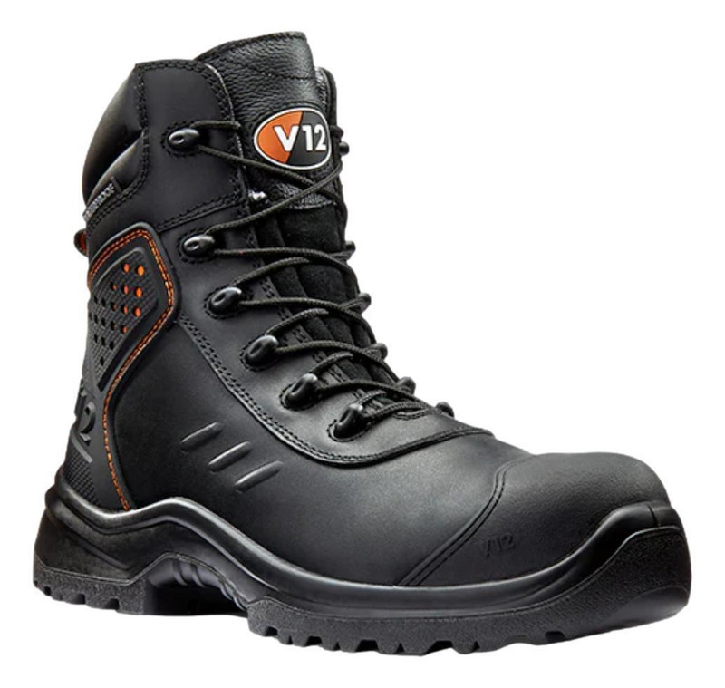 V12 Defender Mens Lace Up Composite Toe Midsole Work Boots, black safety work boot with reinforced toe, durable leather upper, and rugged rubber sole for industrial work safety.