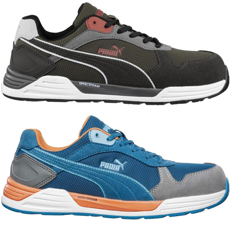 PUMA Safety PUMA FrontSide Mens Safety Composite Toe Midsole S1P Work Trainers, two pairs of men's safety work trainers in black and blue with cushioned soles and protective toe caps.