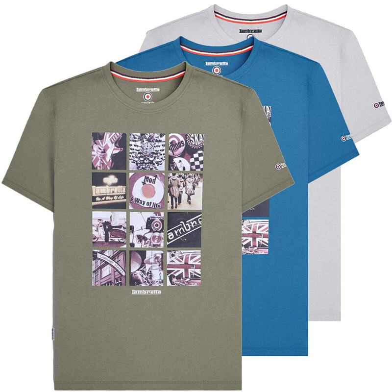 Lambretta Mens Mod Ska Multi Photo Graphic Scooter Casual T-Shirt, featuring a collage of mod scooter and ska music themed images on the front in multiple colors.