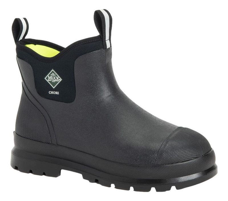 Muck Boots MUCK Chore Classic Chelsea Mens Stable Farm Wellington Wellie Ankle Boots, black waterproof ankle boots for men with durable sole and pull tabs for easy wear.