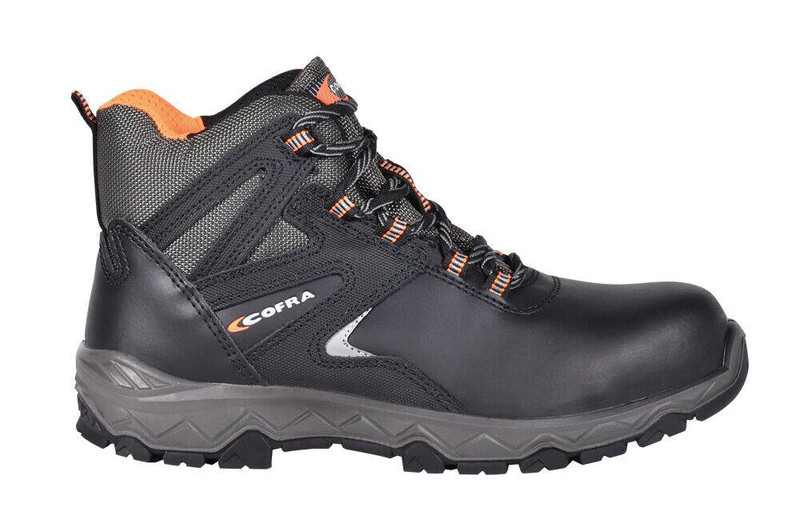 Cofra Ascent Mens Non-Metal Toe Midsole Safety Work Boots, black and gray rugged footwear with durable leather upper, padded ankle collar, and sturdy rubber sole.