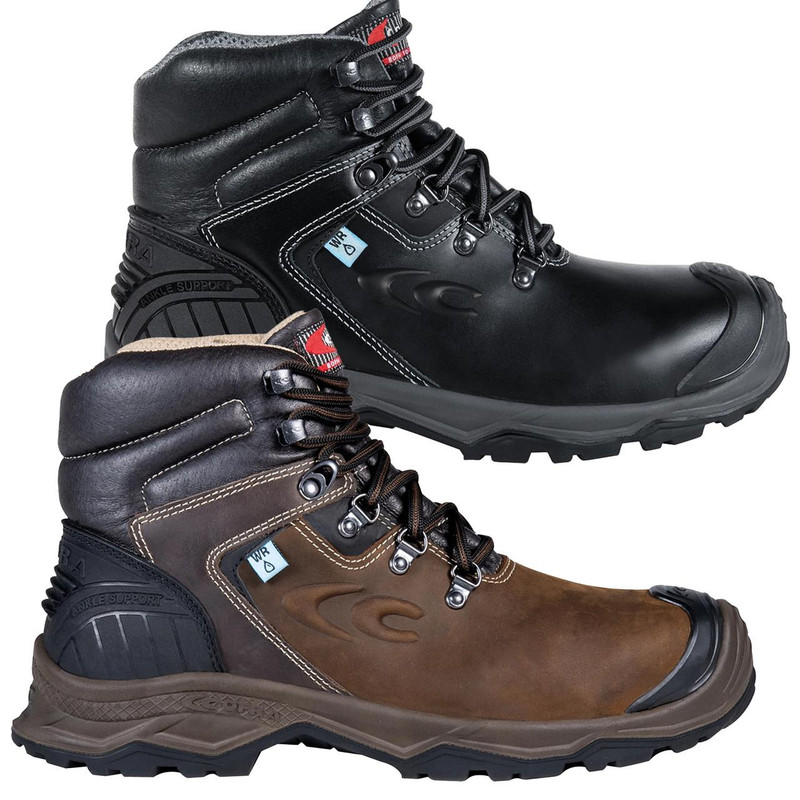 Cofra Pirenei Mens S7 Non-Metal Toe Midsole Safety Work Boots, two pairs of rugged safety work boots in black and brown leather with protective toe caps and slip-resistant soles.
