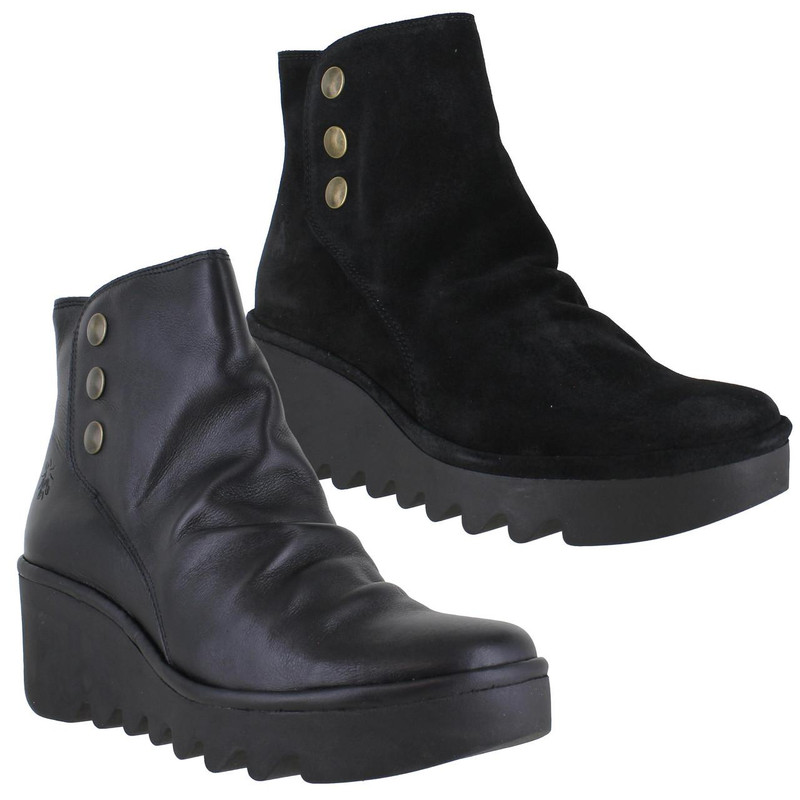 Fly London Brom Womens Zip Up Chelsea Dealer Mid Ankle Boots, black leather and suede ankle boots with a chunky platform sole and metallic button details.