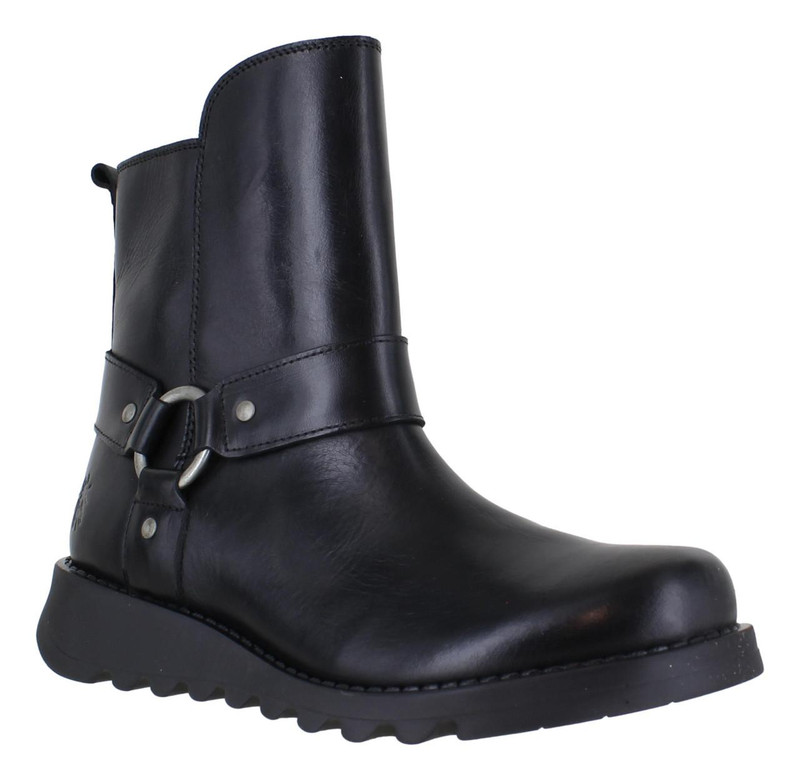 FLY London Fly London Soch Womens Zip Up Buckle Wedge Leather Mid Calf Boots, stylish black leather ankle boots with a buckle detail and wedge heel.