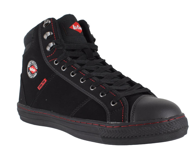 Lee Cooper 022 Mens/Womens Baseball High Top Steel Toe SB Work Lace Up Boots, black high-top sneakers with steel toe protection and red stitching details.
