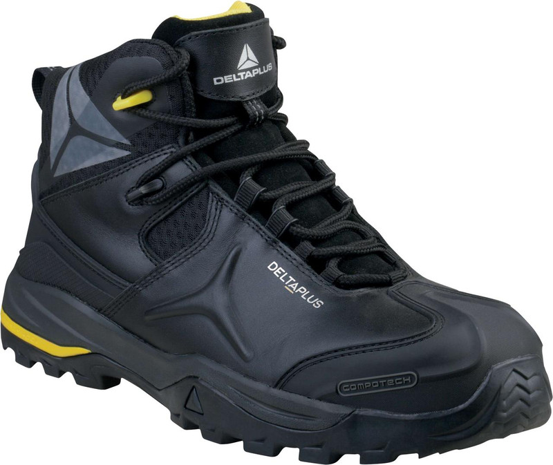 Delta Plus Delta-Plus TW402 Mens Safety S3 Composite Toe/Midsole Boots, black safety footwear with durable leather and synthetic materials, featuring a protective composite toe, slip-resistant sole, and enhanced ankle support.