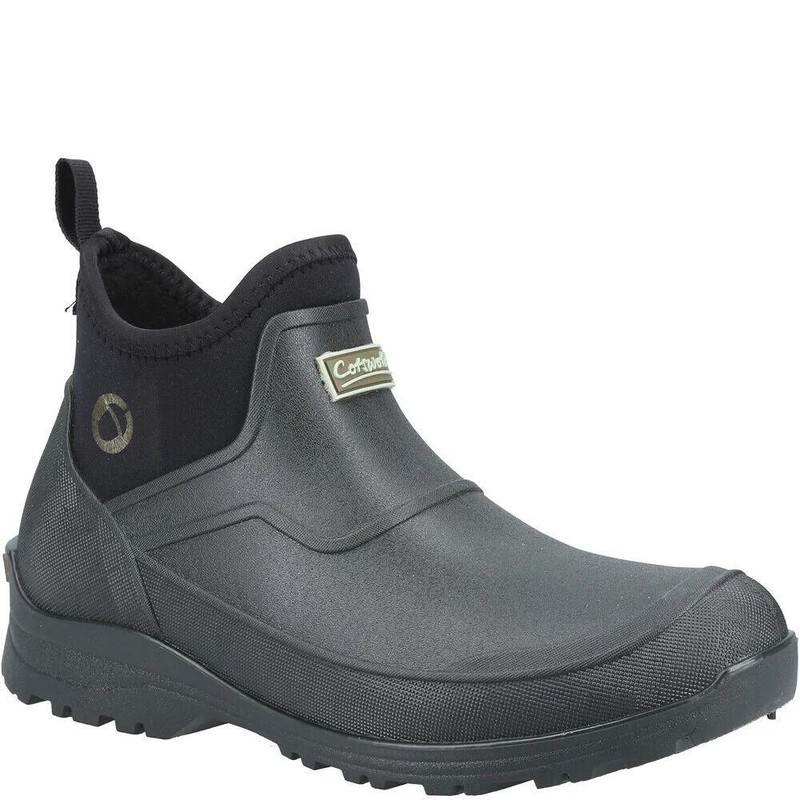 Cotswold Coleford Mens Pull On Rubber Chelsea Ankle Wellie Boots, black waterproof slip-on rain boots with durable sole and ankle-high design.