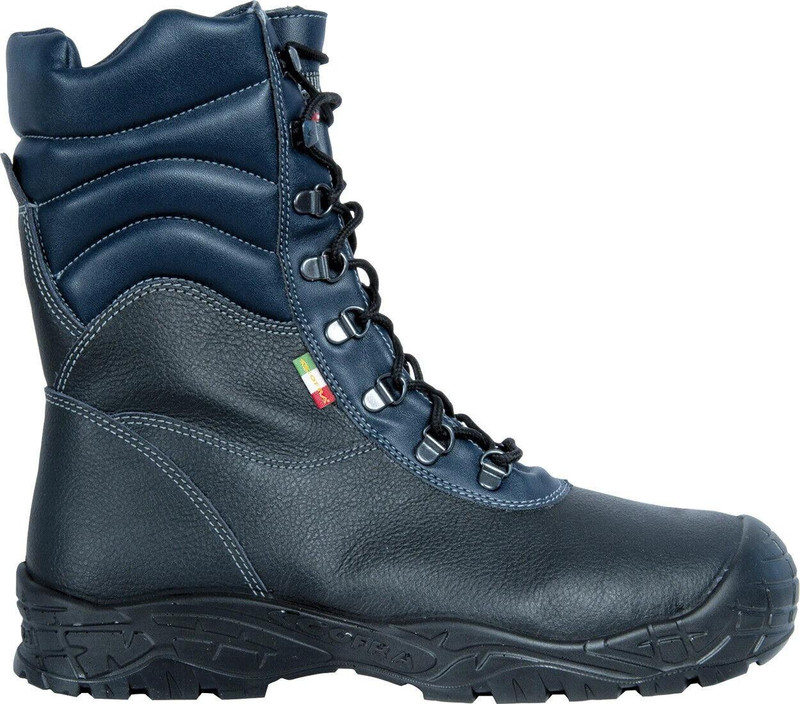 Cofra Camp S3 Mens Steel Toe Composite Midsole Safety Work Boots, sturdy black and navy blue work boots with leather and fabric upper, lace-up closure, and slip-resistant outsole for industrial safety.