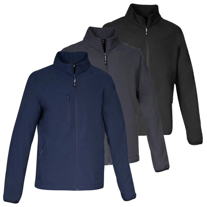 Cofra Weroth Mens Softshell Zip Up Work Warm Fleece Jacket, image of three men's softshell jackets in black, navy blue, and dark gray, with high collar and zip closures.