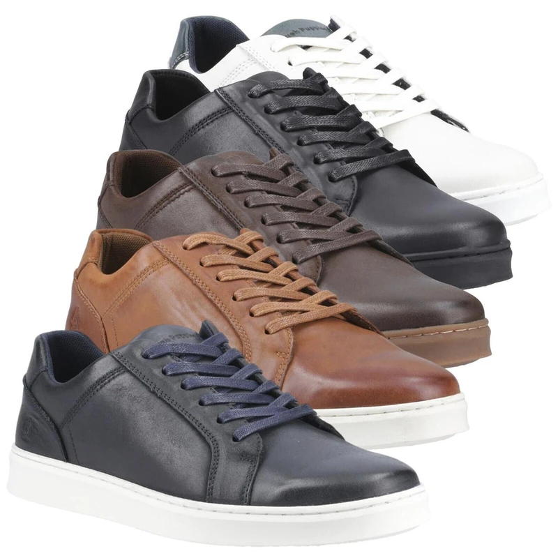 Hush Puppies Madden Mens Casual Lace Up Smart Leather Trainers, collection of five men's leather sneakers in various colors including black, brown, grey, tan, and white, arranged in a row with a white background.
