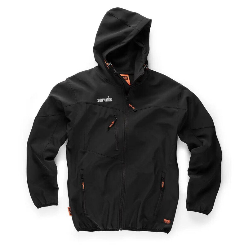 Scruffs Mens Softshell Zip Up Work Warm Hooded Jacket Coat, black waterproof and windproof softshell jacket with a hood, multiple zippered pockets, and orange accents.