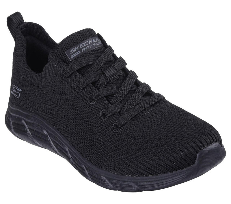 Skechers Bobs BFlex Lo Grace Stride Womens Lace Up Trainers, black athletic casual sneakers with breathable mesh upper and cushioned sole for comfortable walking.