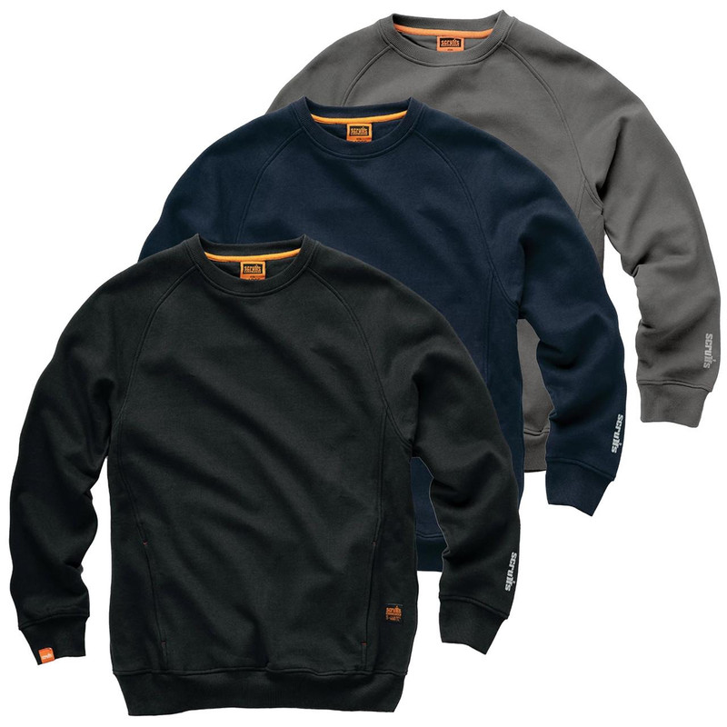 Scruffs Eco Worker Mens Pull Over Pocket Raglan Sweatshirt, image of three sweatshirts in black, navy, and gray colors with raglan sleeves and front pocket detailing.