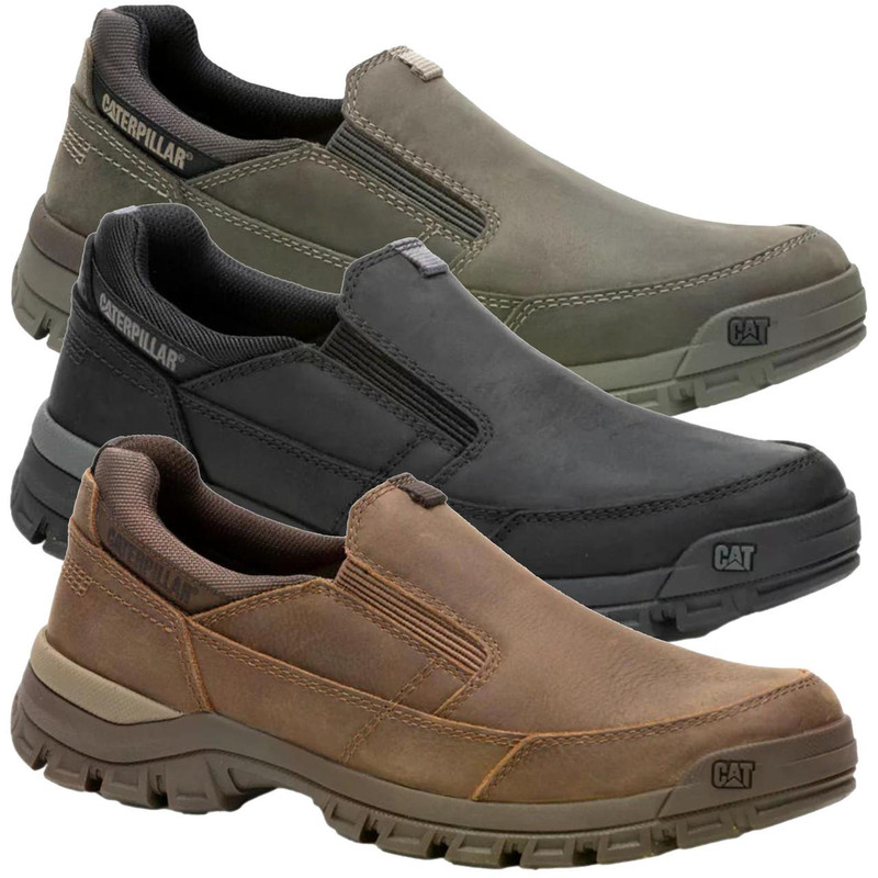 Caterpillar Threshold Men's Slip-On Casual Leather Trainer Shoes, three pairs of slip-on shoes in beige, black, and brown colors.