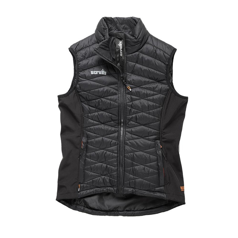 Scruffs Trade Body Warmer Womens Zip up Work Warm Gilet, black quilted heated vest with front zipper, stand collar, and side zip pockets designed for women's workwear.