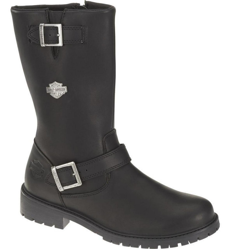 Harley-Davidson Randy 12" Men's Leather Zip Up Biker Ankle Boots, black leather motorcycle boots with buckle details and Harley-Davidson logo.