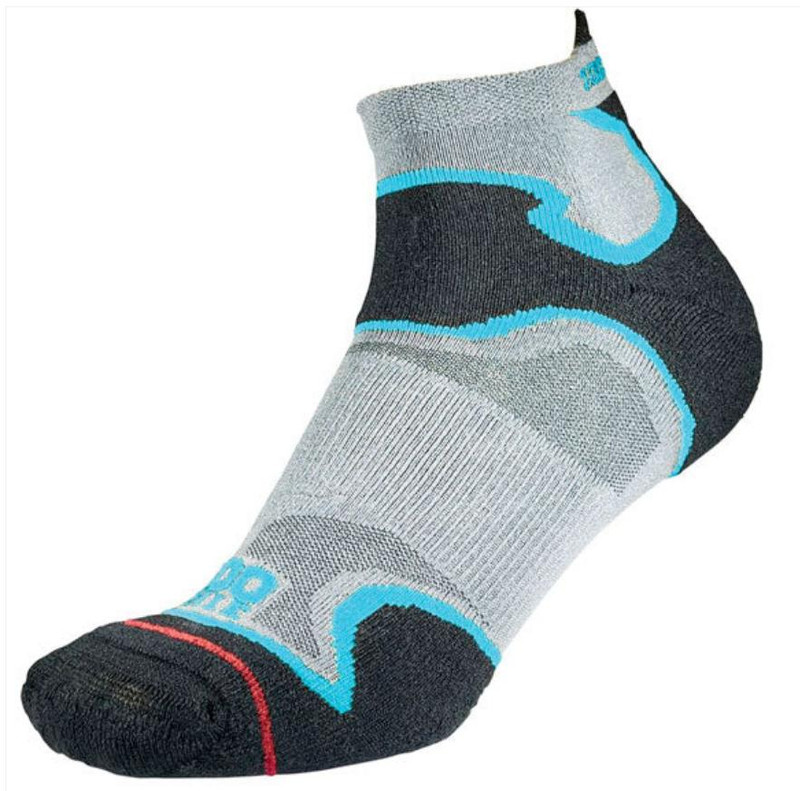 1000 Mile 2024 Mens Fusion Socklet Double Layer Socks - Single Pack, close-up view of a men's sock with a gray, black, and blue design highlighting the sock's double-layer construction for comfort and durability.