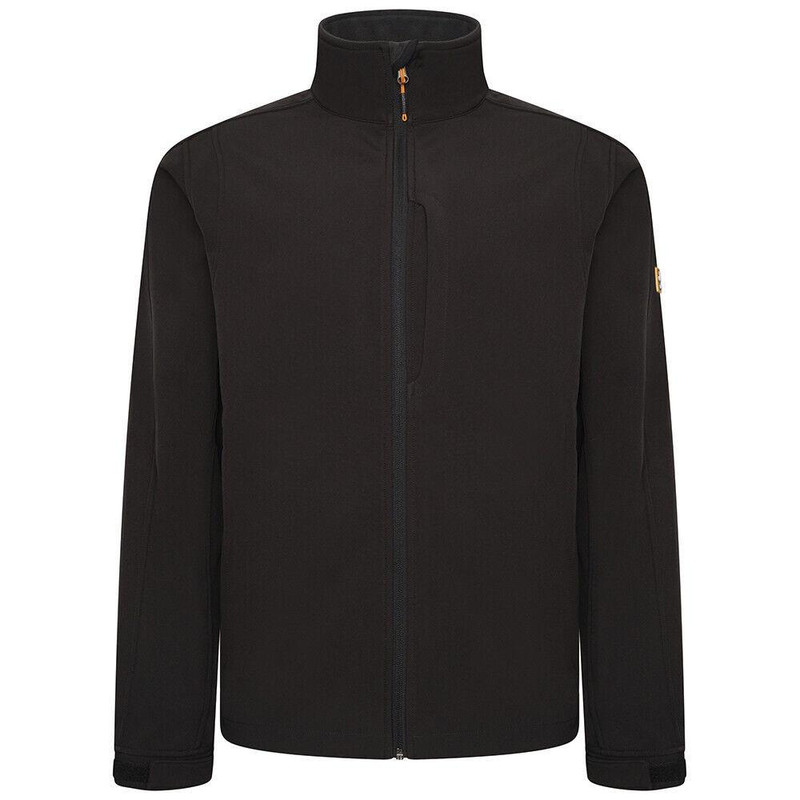 JCB Trade Softshell Mens Zip Up Work Warm Jacket Coat, black high-quality outdoor jacket with stand-up collar and front zipper for protection and warmth.