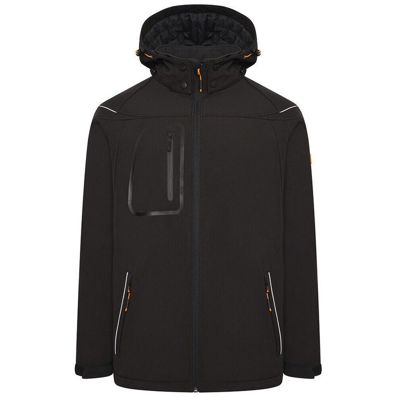 JCB Mens Softshell Zip Up Work Warm Hooded Jacket Coat, black outdoor jacket with multiple zippered pockets and adjustable hood for work and outdoor activities.