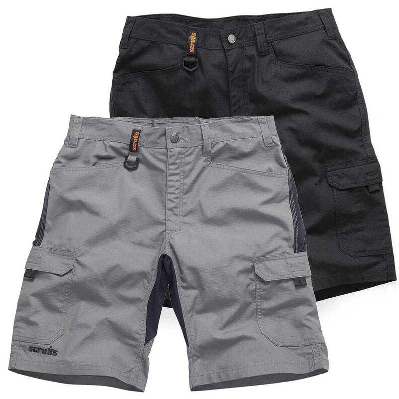 Scruffs Trade Flex Mens Pockets Cargo Shorts, pair of men's cargo shorts in black and gray with multiple pockets and a durable design