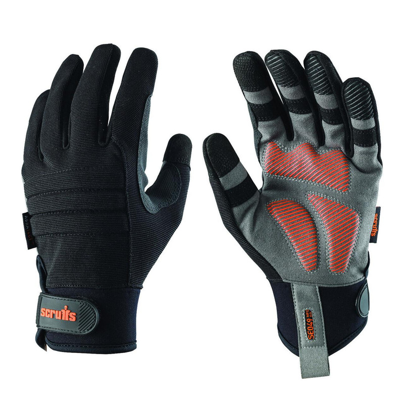 Scruffs Trade Work Mens Padded Palm Gloves, pair of black and gray work gloves with padded palms and tactile grip for industrial and construction work.